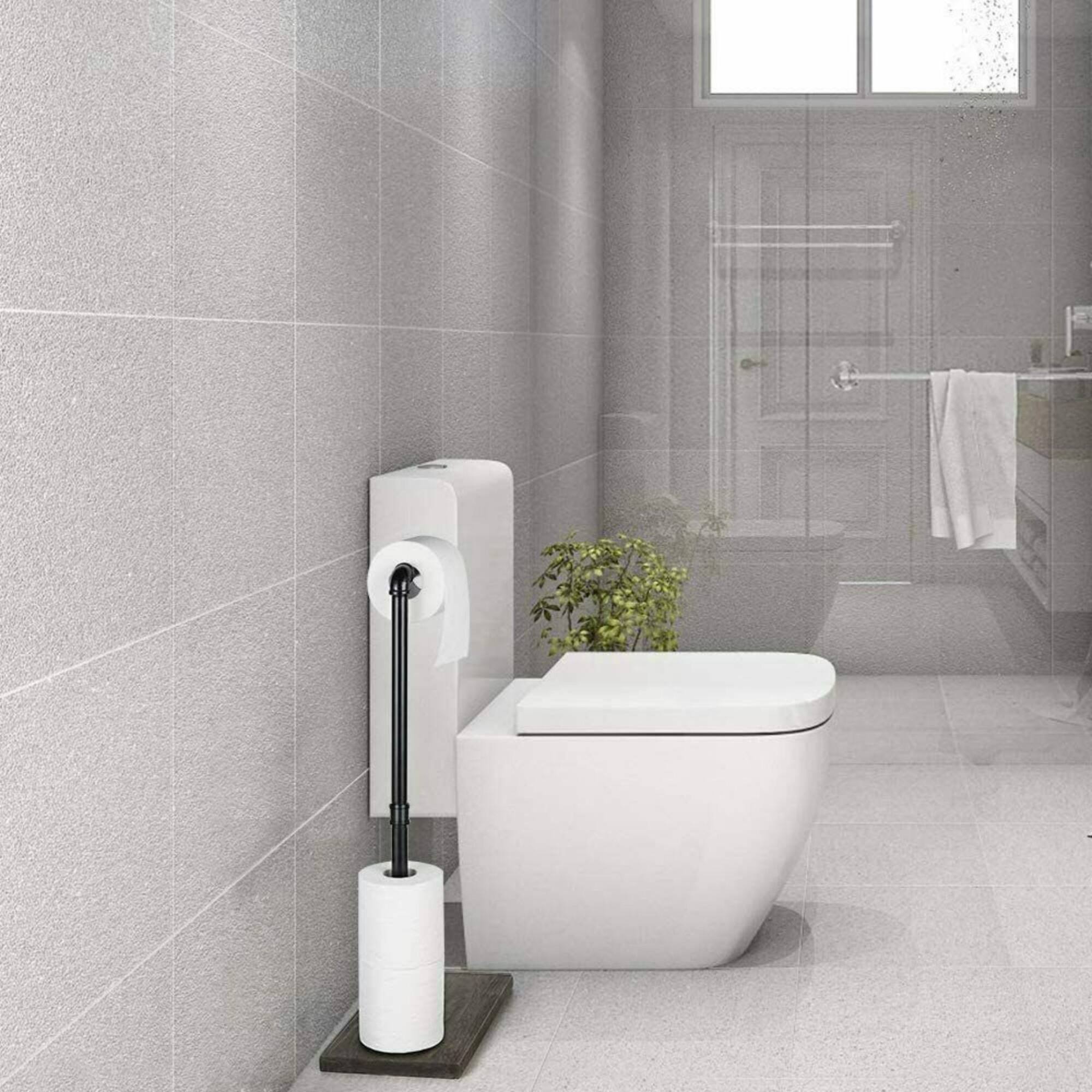 NEX™ 24" Brown Freestanding Iron Pipe Toilet Paper Holder with Solid Wood Base